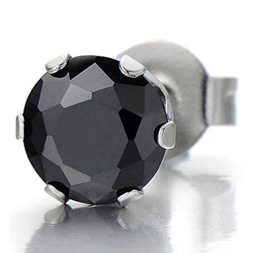 1 Pair 8MM Mens Ladies Black Cubic Zirconia Stud Earrings Stainless Steel