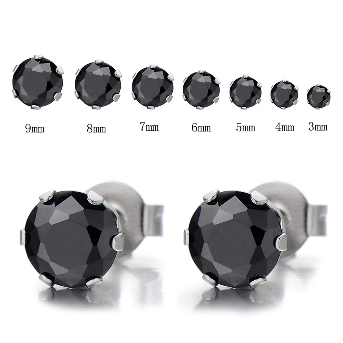 1 Pair 8MM Mens Ladies Black Cubic Zirconia Stud Earrings Stainless Steel