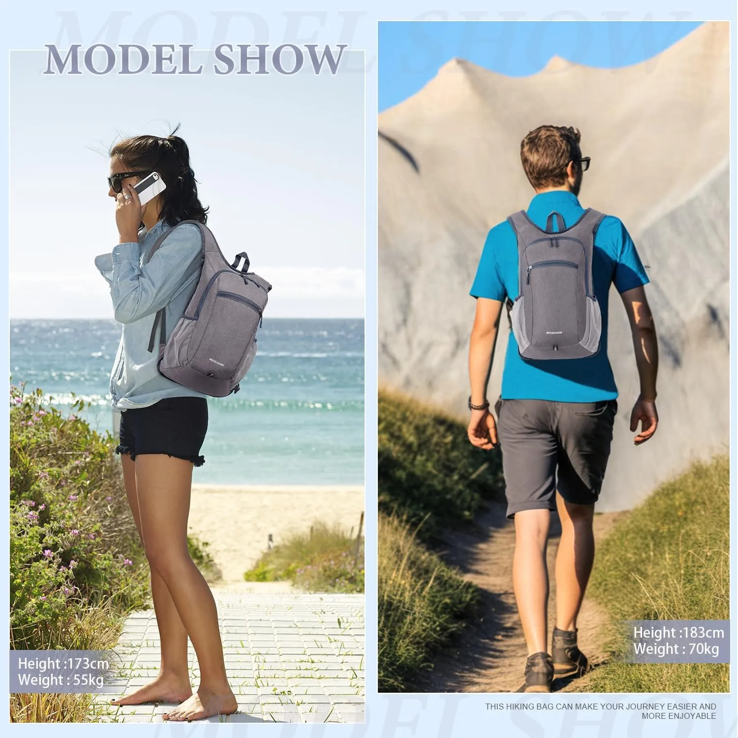 15L Hiking Backpack Small Travel Backpack Lightweight Packable Backpacks Casual Daypack for Women and Men, Light Grey