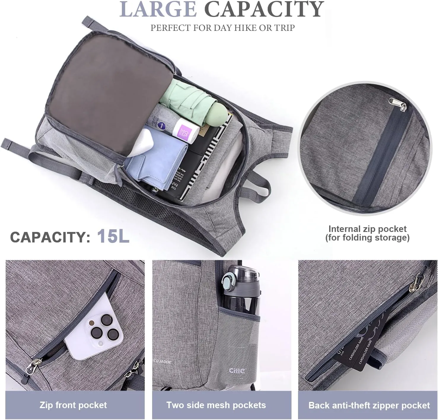 15L Hiking Backpack Small Travel Backpack Lightweight Packable Backpacks Casual Daypack for Women and Men, Light Grey