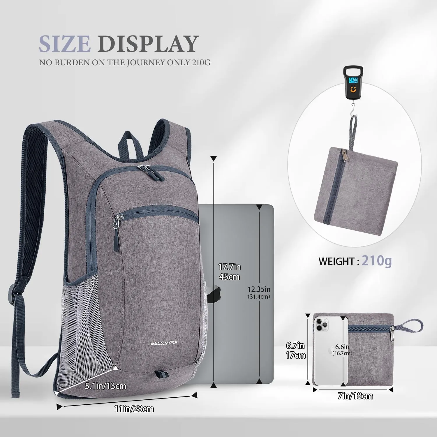 15L Hiking Backpack Small Travel Backpack Lightweight Packable Backpacks Casual Daypack for Women and Men, Light Grey