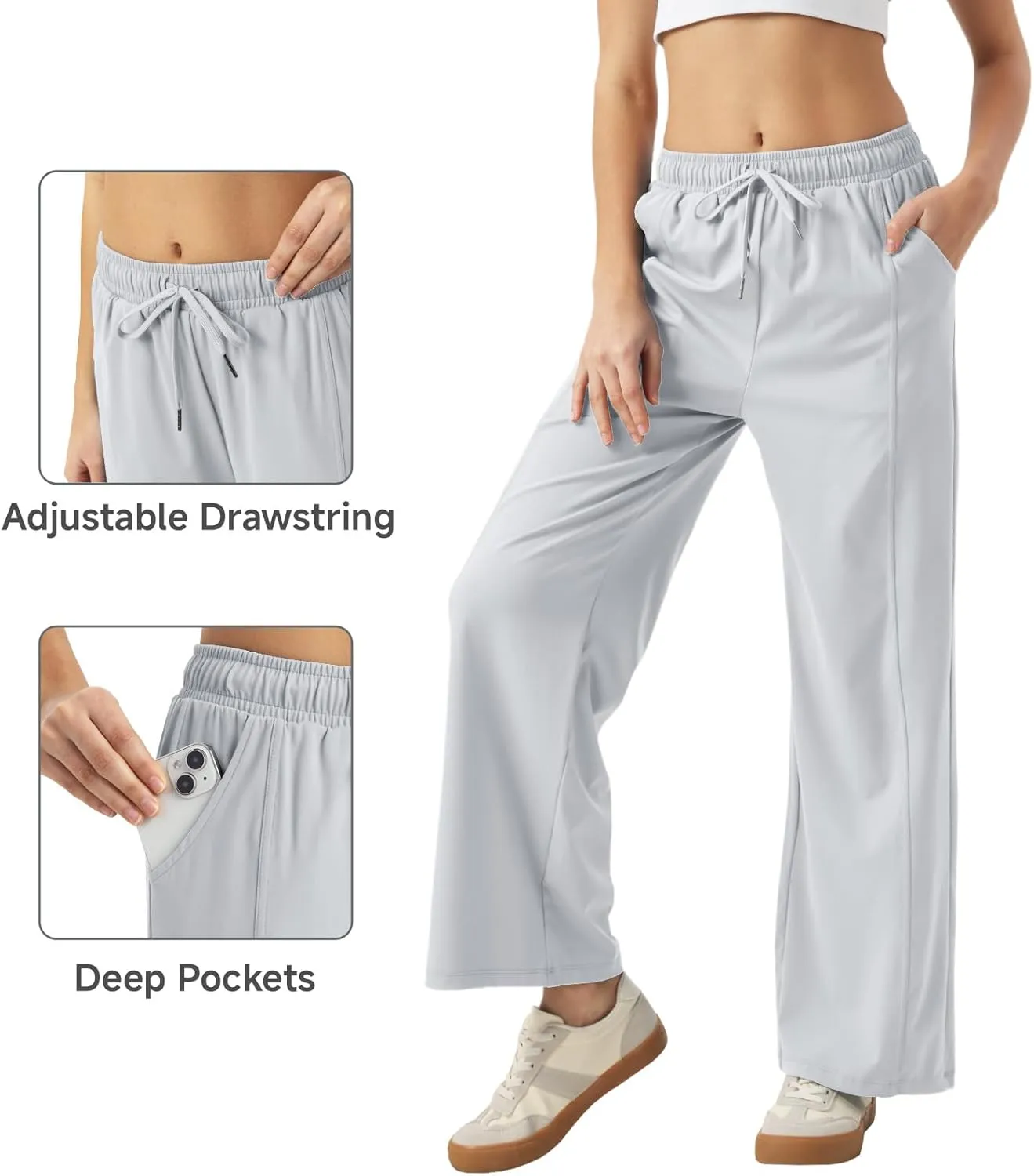 26"/28"/30" Inseam Womens Summer Pants Cool Thin Petite Sweatpants Wide Leg Elastic Waist Loose Lightweight with Pocket UPF50
