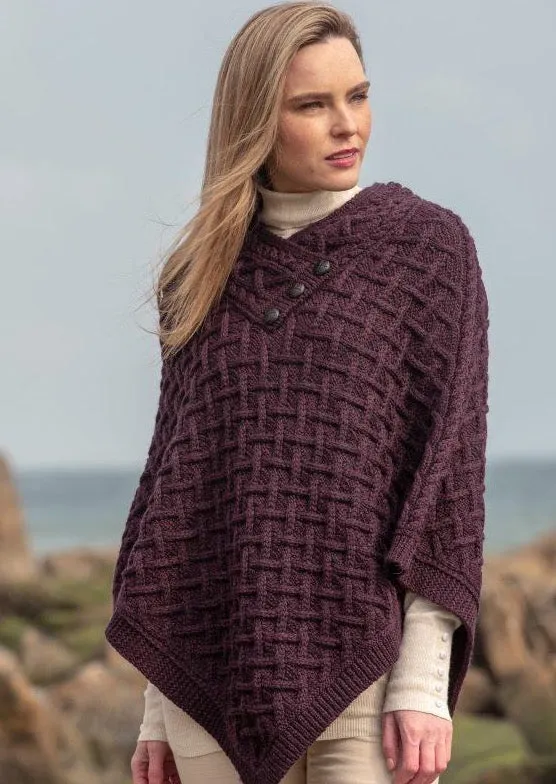 Aran Super Soft Merino Wool Poncho | Damson