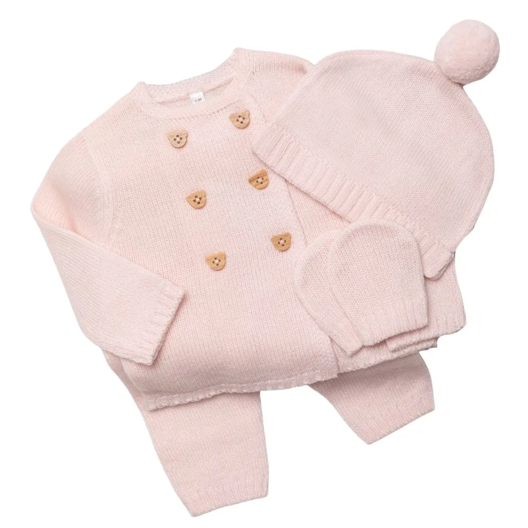 Baby Clothing Knitted Gift Set Pink with Teddy Bear Buttons