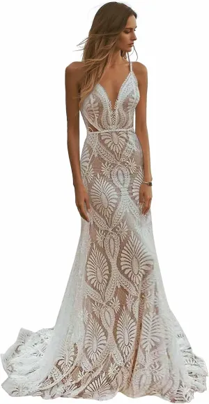 Camisole V Neck Boho Beach Wedding Dresses Lace Mermaid Sweep/Brush Train Open Back Bridal Gowns for Bride 2025