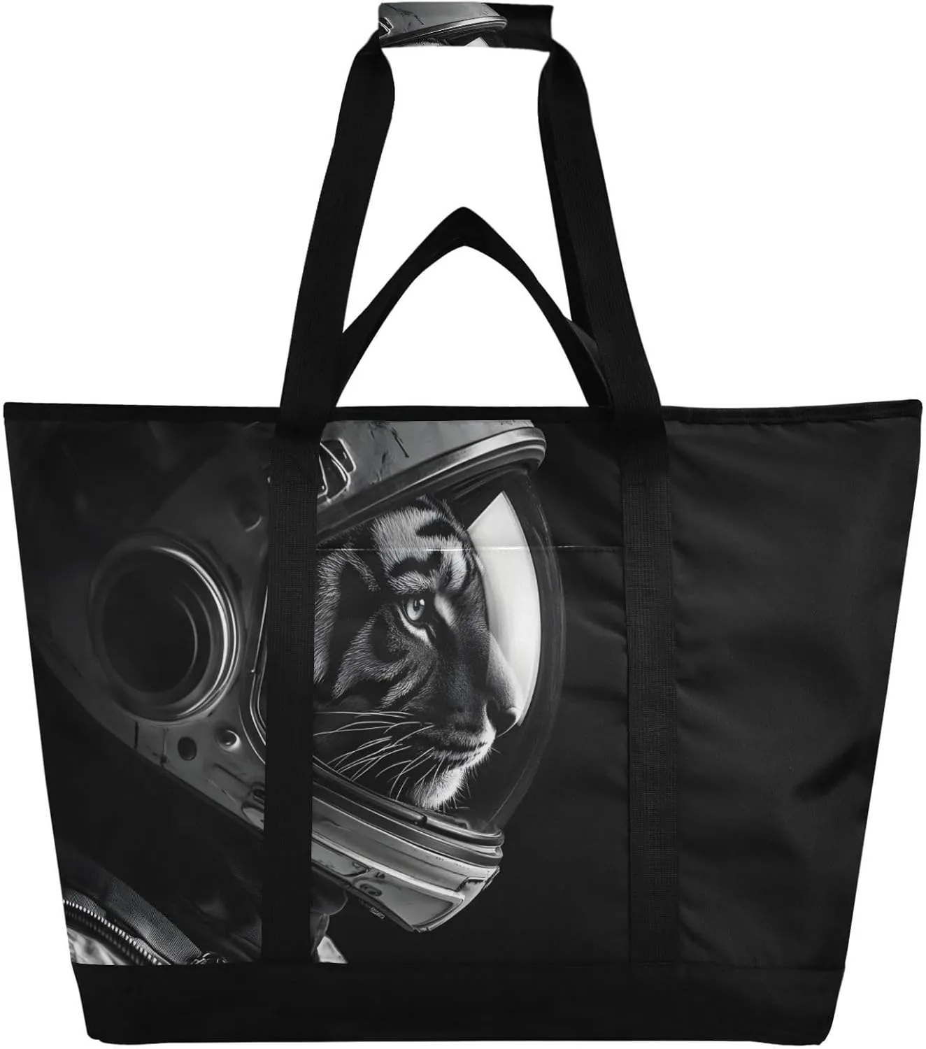 Cool Big Cat Astronaut Large Insulated Tote Bag for Grocery Shopping Reusable Tote Bags for Women Men, Cooler Bag with Zippered Top & Handles for Beach Picnic Travel