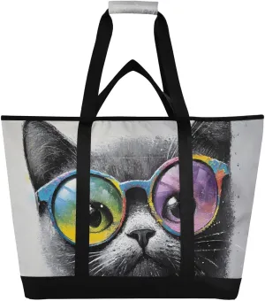 Cool Cat White Black Large Insulated Tote Bag for Grocery Shopping Reusable Tote Bags for Women Men, Cooler Bag with Zippered Top & Handles for Beach Picnic Travel