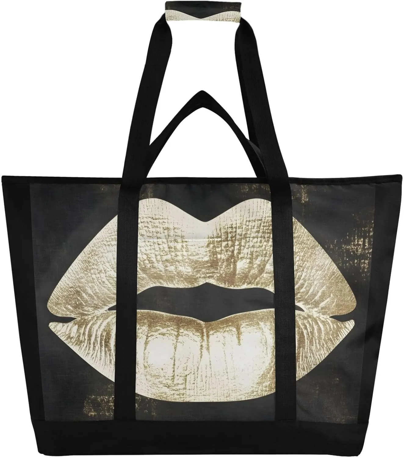 Cool Gold Lip Black Large Insulated Tote Bag for Grocery Shopping Reusable Tote Bags for Women Men, Cooler Bag with Zippered Top & Handles for Beach Picnic Travel