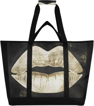 Cool Gold Lip Black Large Insulated Tote Bag for Grocery Shopping Reusable Tote Bags for Women Men, Cooler Bag with Zippered Top & Handles for Beach Picnic Travel