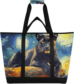 Cool Leopard Starry Night Large Insulated Tote Bag for Grocery Shopping Reusable Tote Bags for Women Men, Cooler Bag with Zippered Top & Handles for Beach Picnic Travel