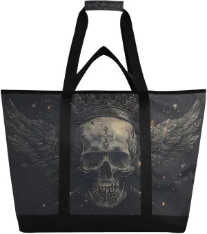 Cool Skull Crown Wing Large Insulated Reusable Tote Bag for Grocery Shopping for Women Men, Cooler Bag with Zippered Top & Handles for Travel Beach Picnic