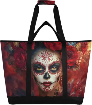 Cool Sugar Skeleton Rose Large Insulated Tote Bag for Grocery Shopping Reusable Tote Bags for Women Men, Cooler Bag with Zippered Top & Handles for Beach Picnic Travel