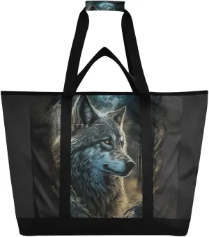 Cool Wolf Forest Moon Large Insulated Reusable Tote Bag for Grocery Shopping for Women Men, Cooler Bag with Zippered Top & Handles for Travel Beach Picnic