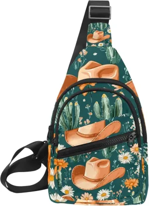 Cowboy Hat Cactuses Western Chest Bag Daypack Crossbody for Travel Sport Running Hiking