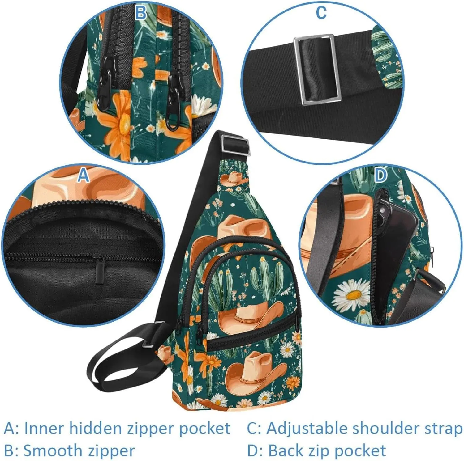 Cowboy Hat Cactuses Western Chest Bag Daypack Crossbody for Travel Sport Running Hiking