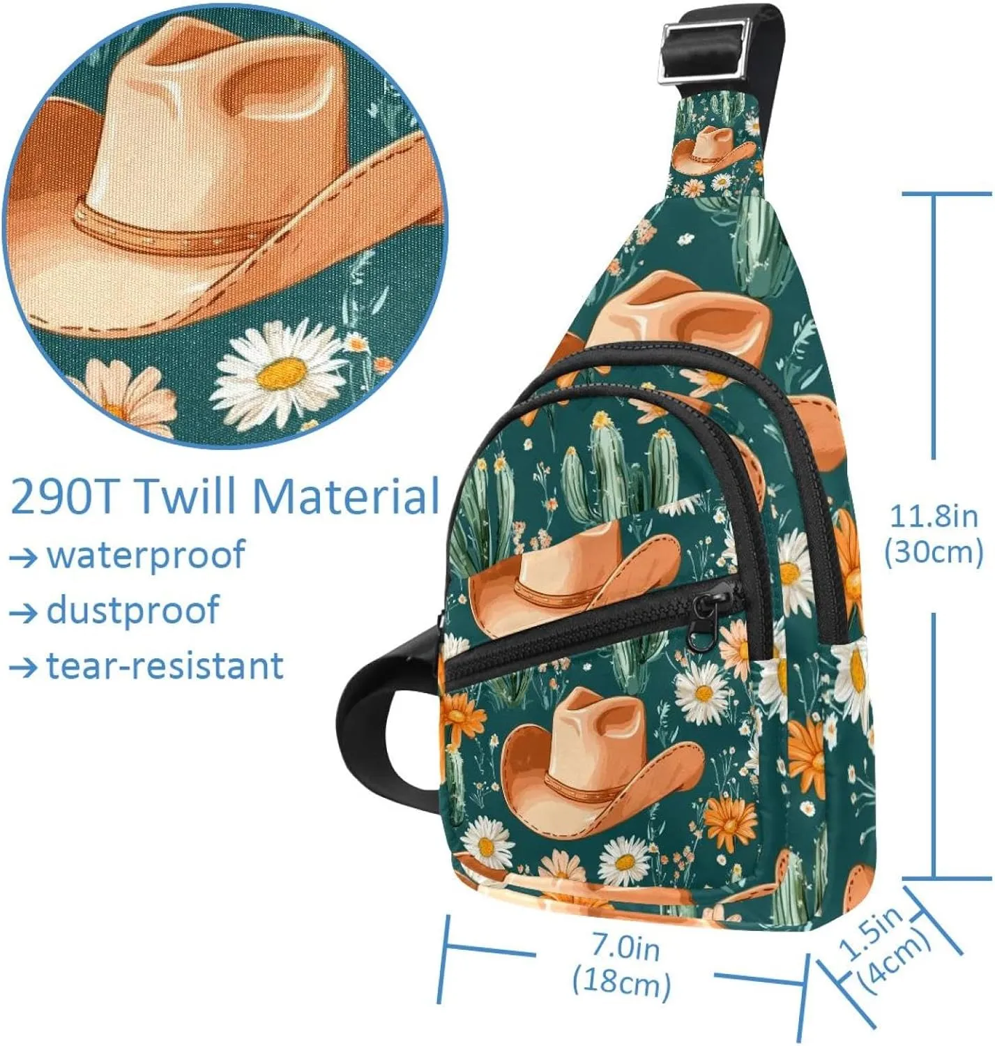 Cowboy Hat Cactuses Western Chest Bag Daypack Crossbody for Travel Sport Running Hiking