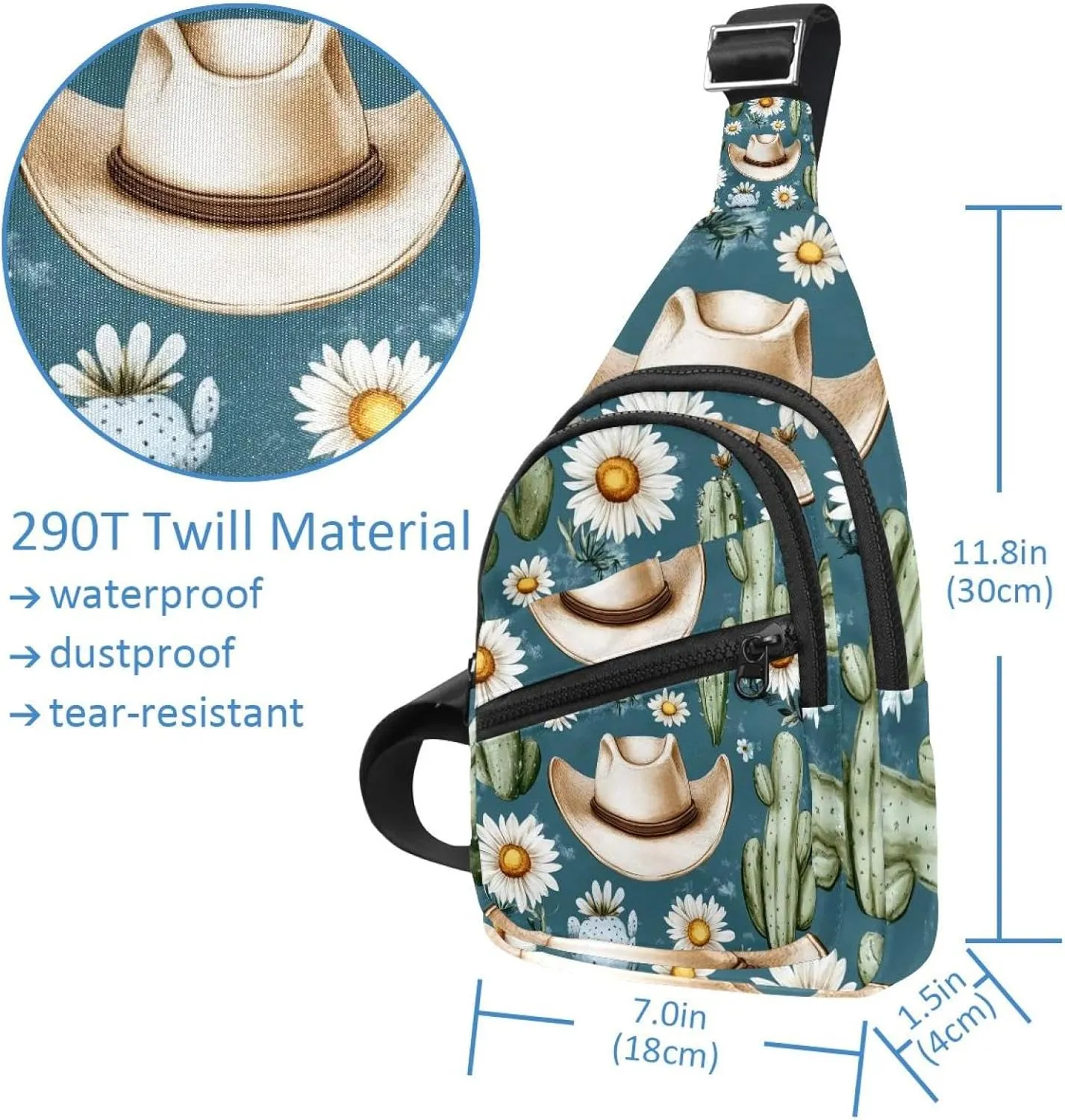Cowboy Hat Cactuses Western Chest Bag Daypack Crossbody for Travel Sport Running Hiking