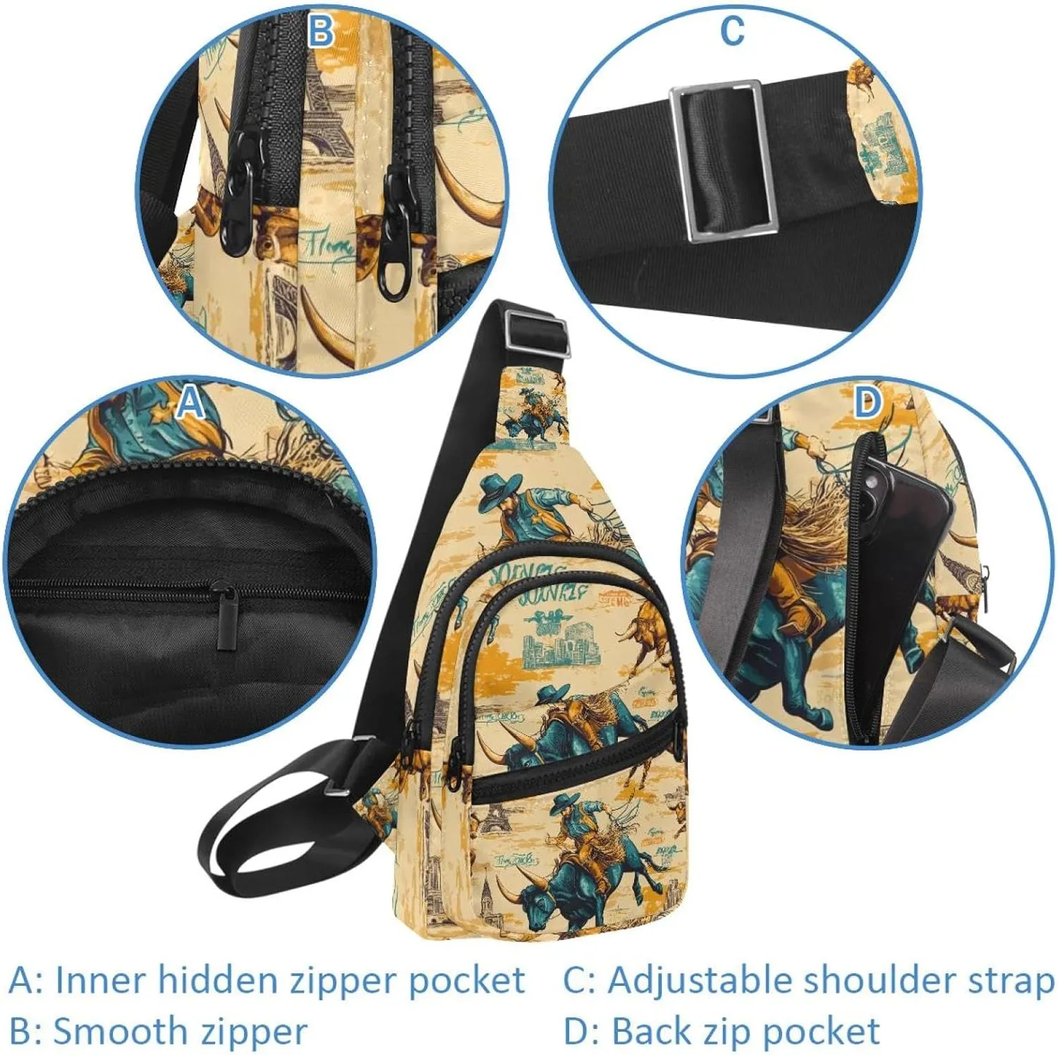 Cowboy Hat Cactuses Western Chest Bag Daypack Crossbody for Travel Sport Running Hiking