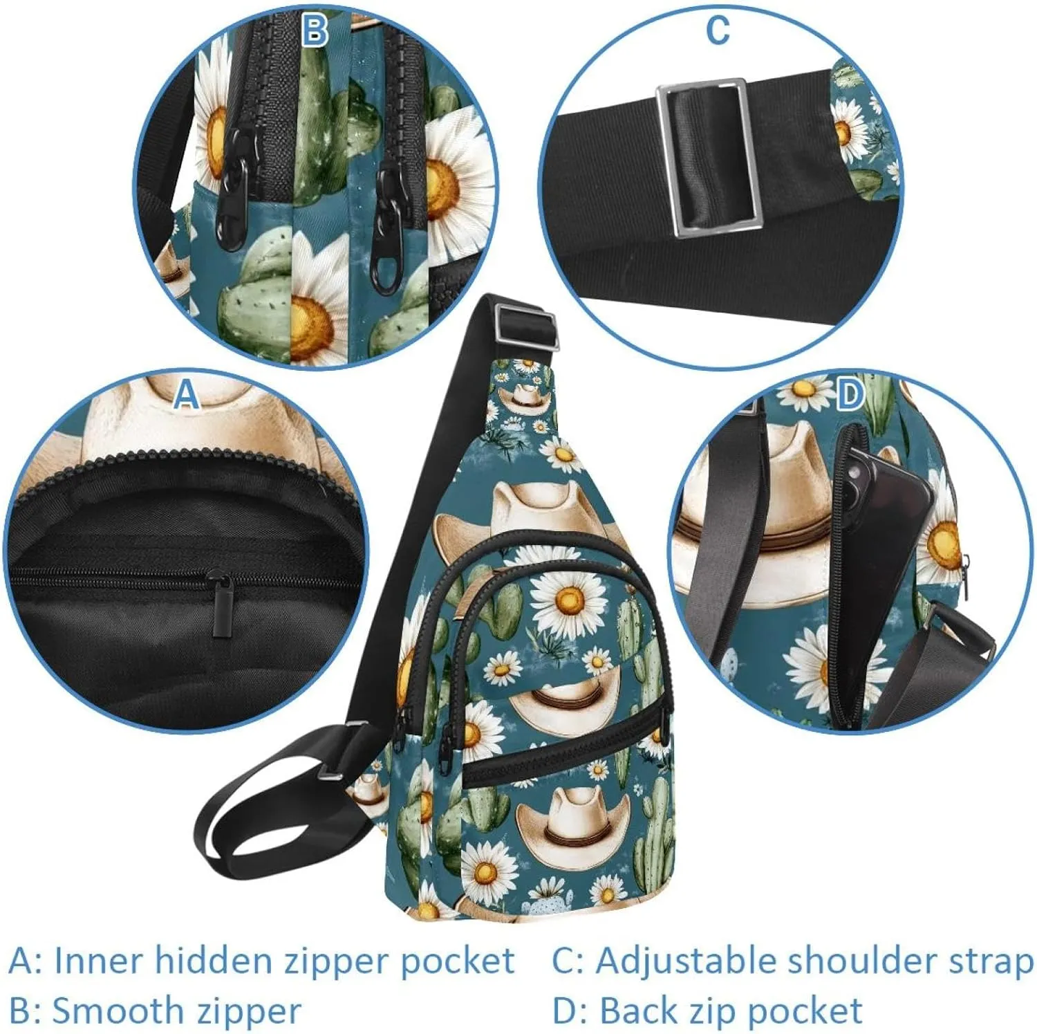 Cowboy Hat Cactuses Western Chest Bag Daypack Crossbody for Travel Sport Running Hiking