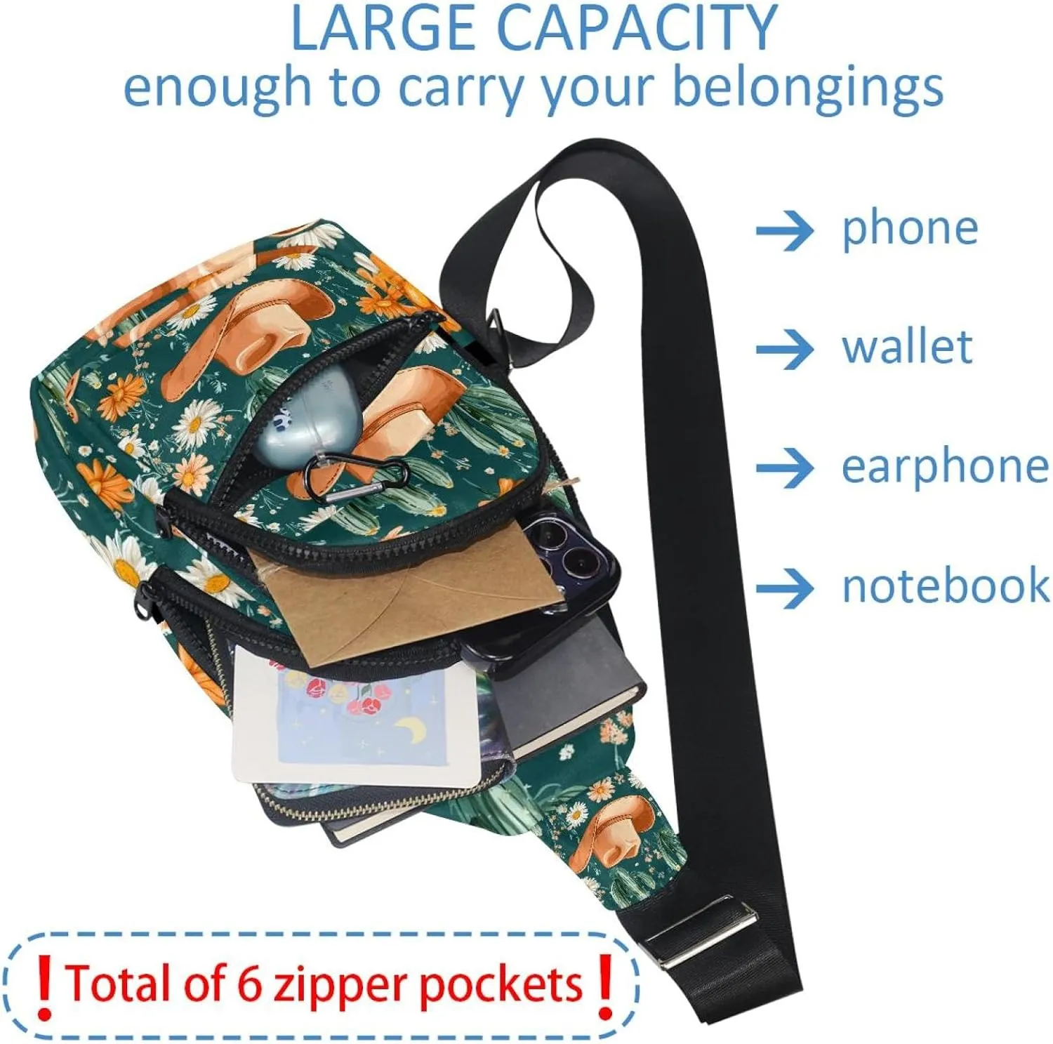 Cowboy Hat Cactuses Western Chest Bag Daypack Crossbody for Travel Sport Running Hiking