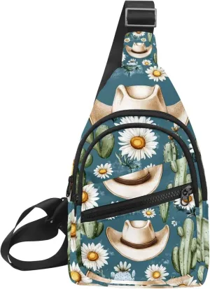 Cowboy Hat Cactuses Western Chest Bag Daypack Crossbody for Travel Sport Running Hiking