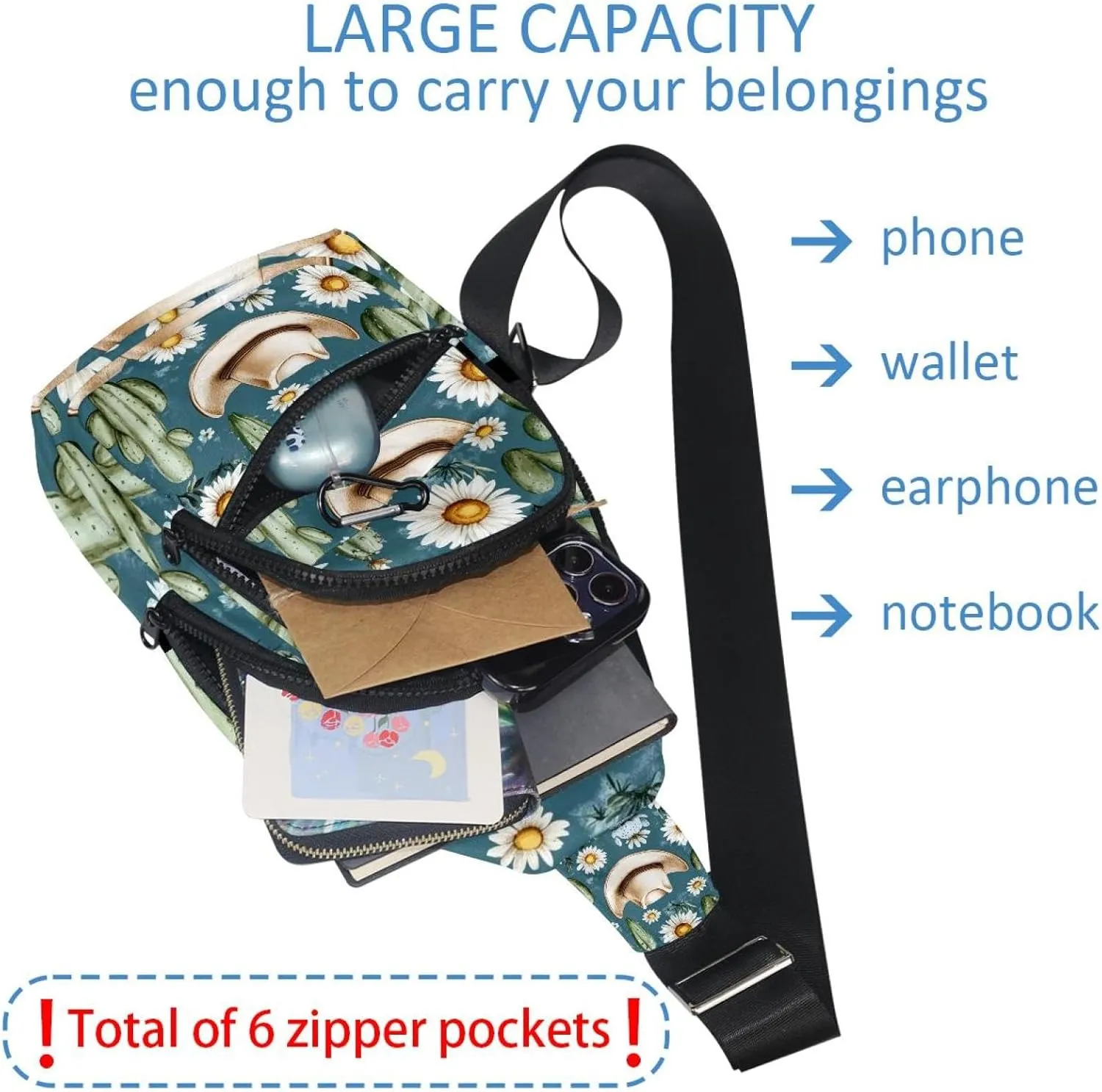 Cowboy Hat Cactuses Western Chest Bag Daypack Crossbody for Travel Sport Running Hiking