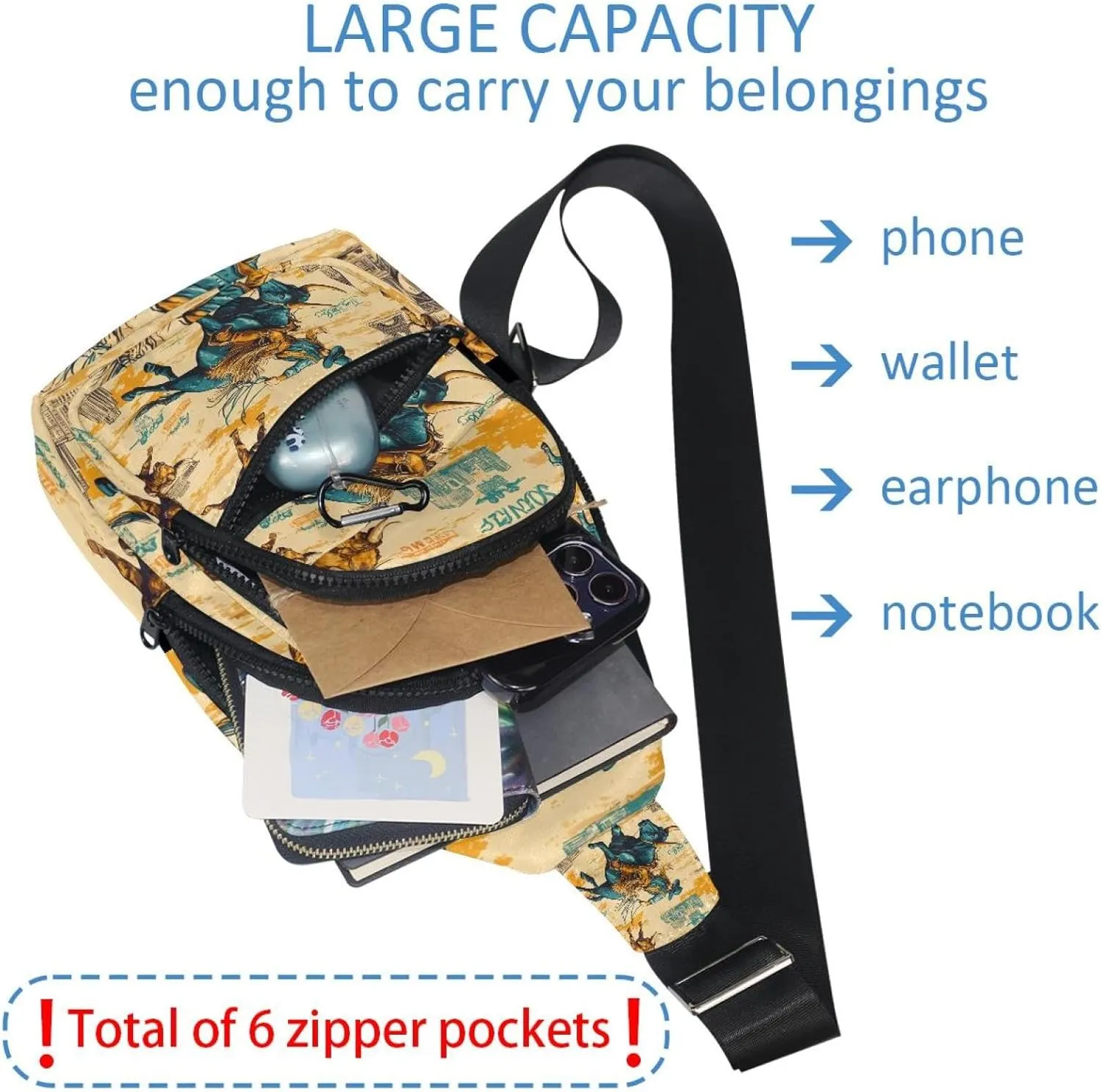 Cowboy Hat Cactuses Western Chest Bag Daypack Crossbody for Travel Sport Running Hiking