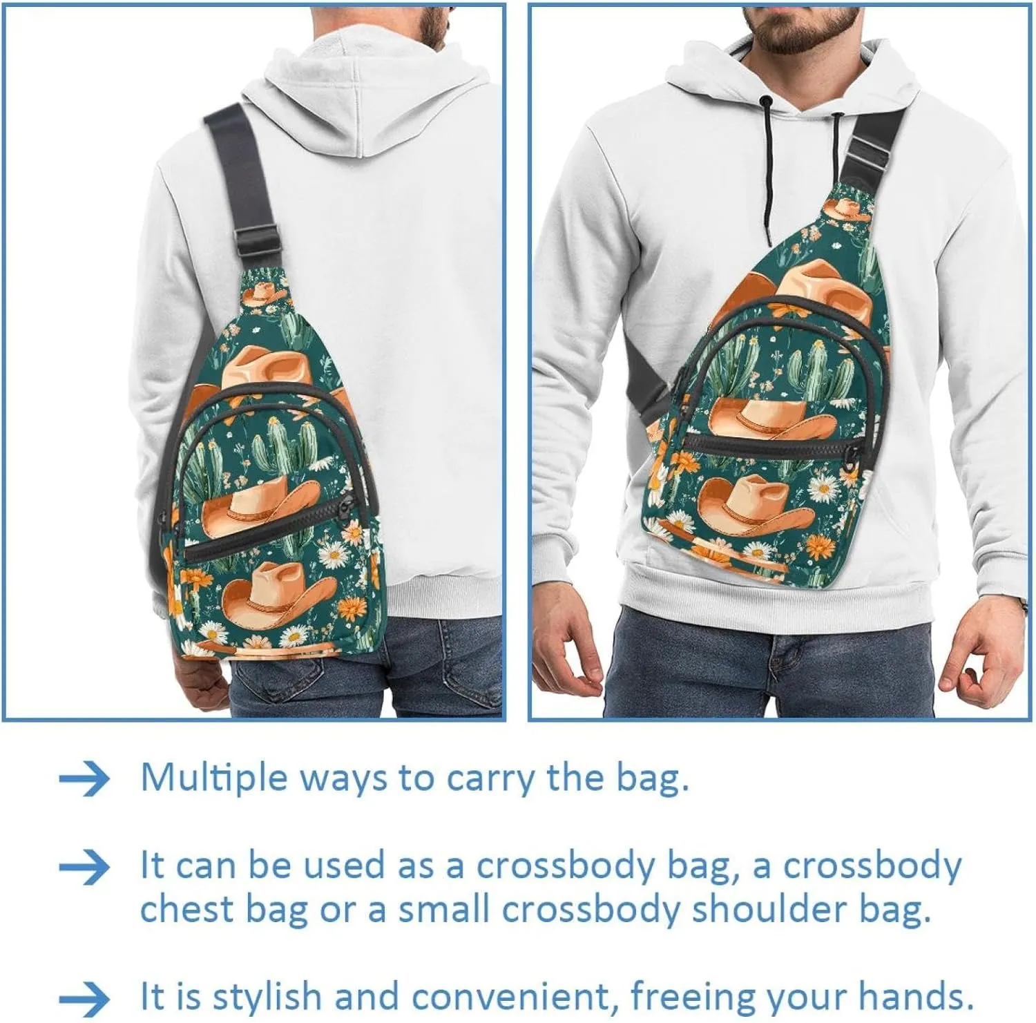 Cowboy Hat Cactuses Western Chest Bag Daypack Crossbody for Travel Sport Running Hiking