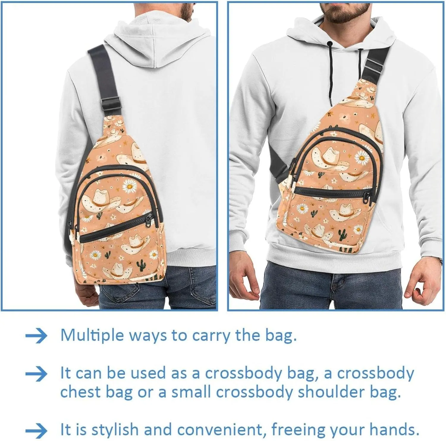 Cowboy Hat Cactuses Western Sling Backpack Crossbody Bag Convertible, Small Diaper Bag Hiking Daypacks