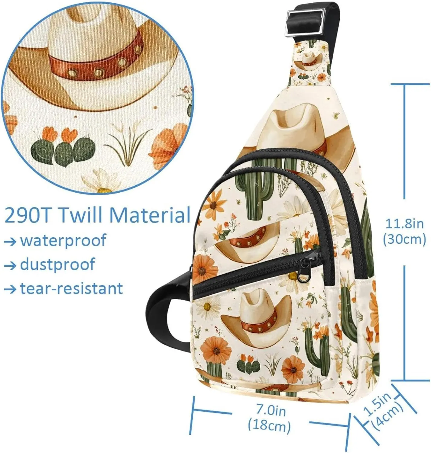 Cowboy Hat Cactuses Western Sling Backpack Crossbody Bag Convertible, Small Diaper Bag Hiking Daypacks