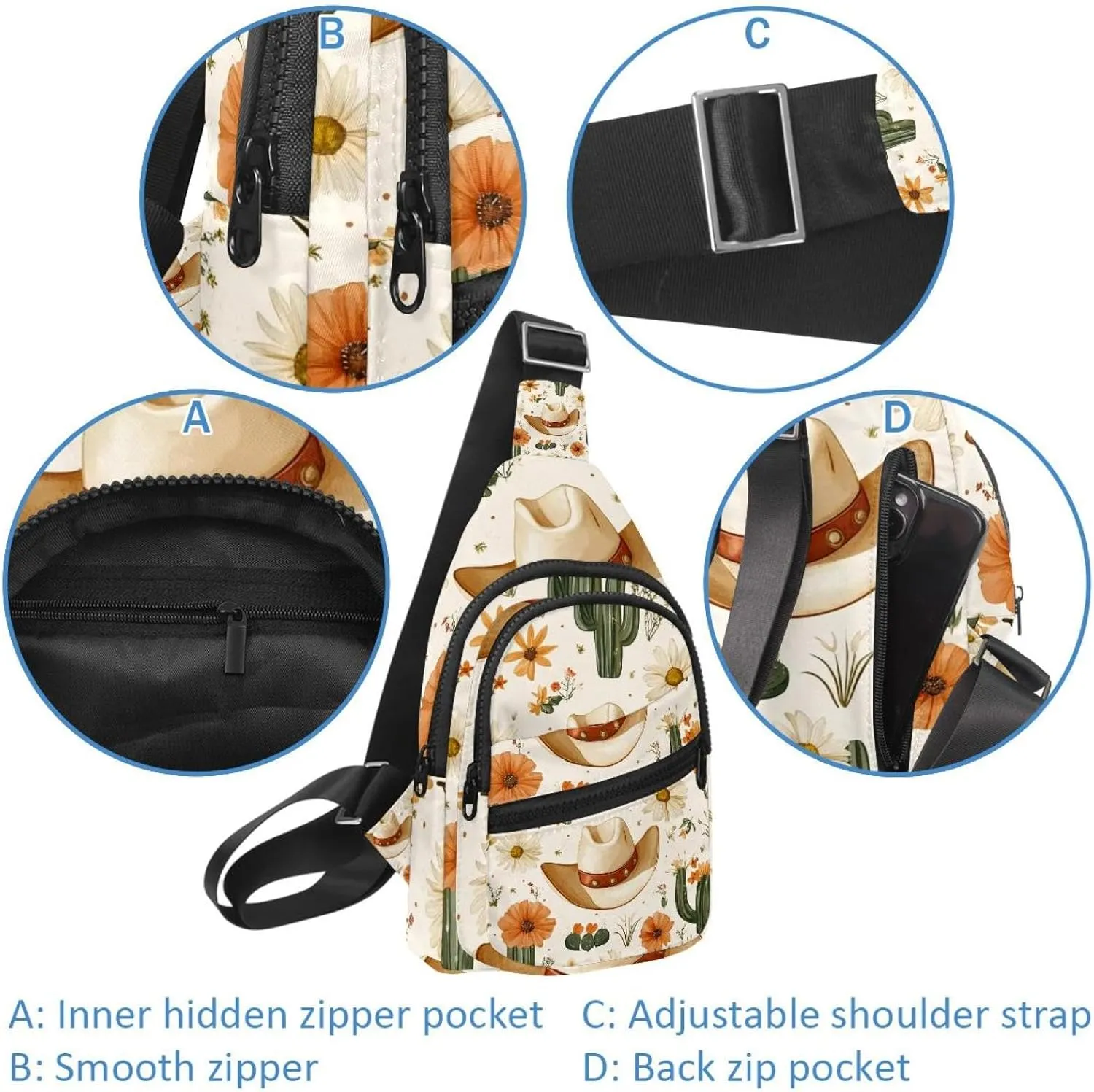 Cowboy Hat Cactuses Western Sling Backpack Crossbody Bag Convertible, Small Diaper Bag Hiking Daypacks