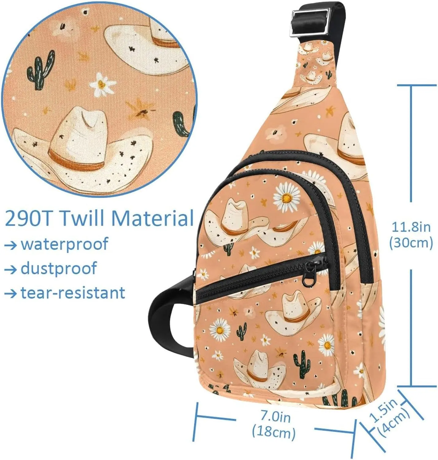 Cowboy Hat Cactuses Western Sling Backpack Crossbody Bag Convertible, Small Diaper Bag Hiking Daypacks