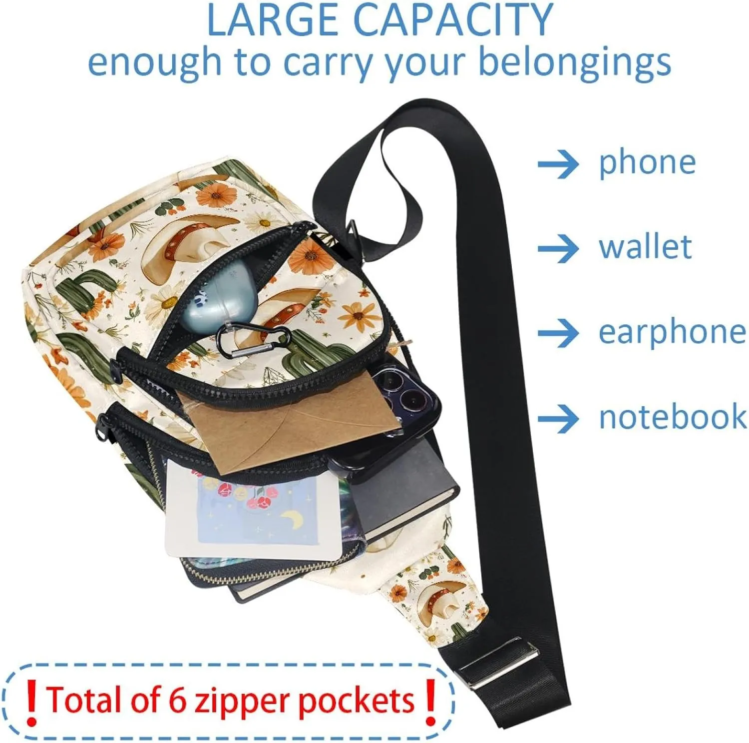 Cowboy Hat Cactuses Western Sling Backpack Crossbody Bag Convertible, Small Diaper Bag Hiking Daypacks