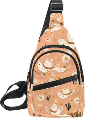Cowboy Hat Cactuses Western Sling Backpack Crossbody Bag Convertible, Small Diaper Bag Hiking Daypacks