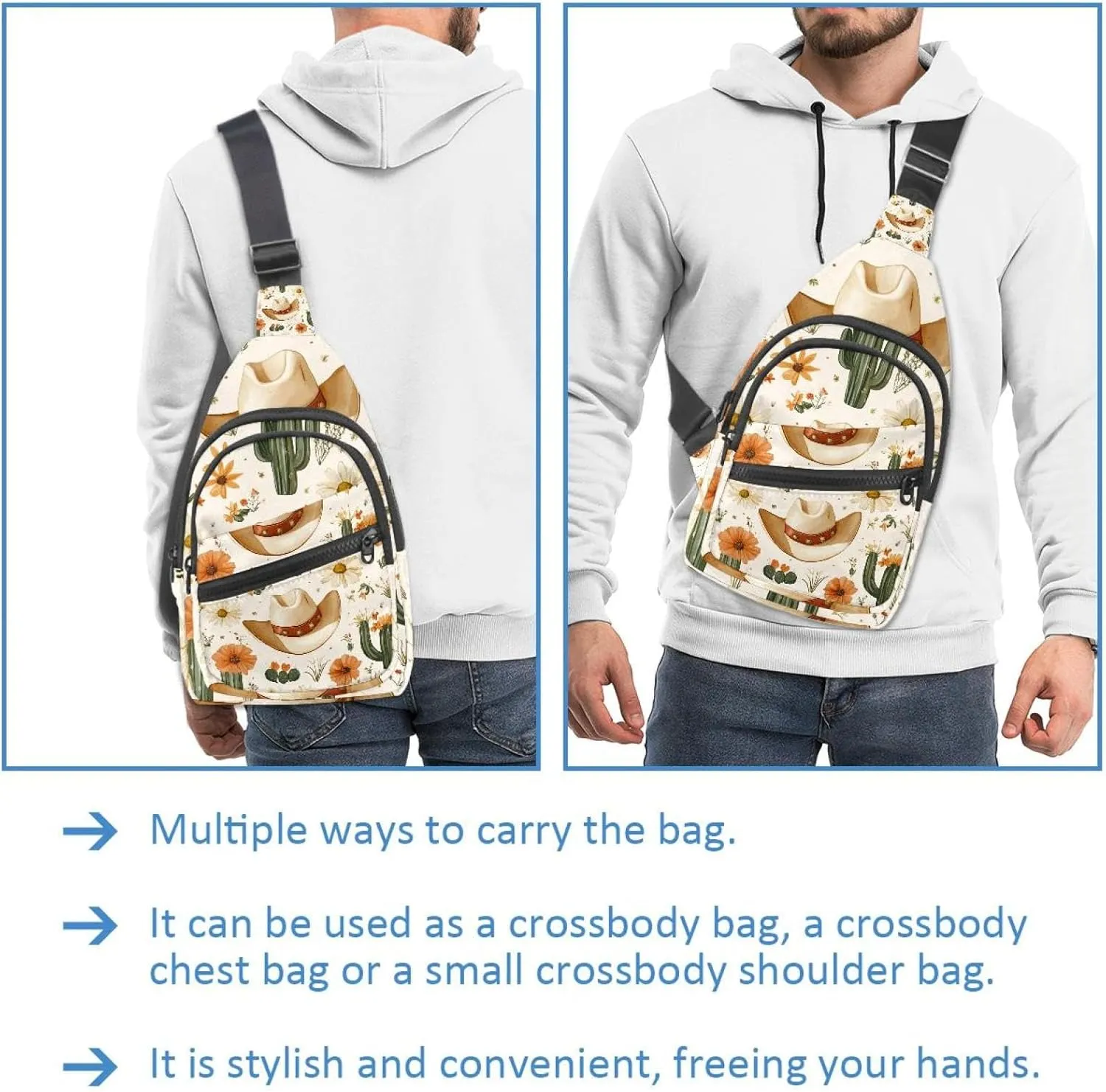 Cowboy Hat Cactuses Western Sling Backpack Crossbody Bag Convertible, Small Diaper Bag Hiking Daypacks