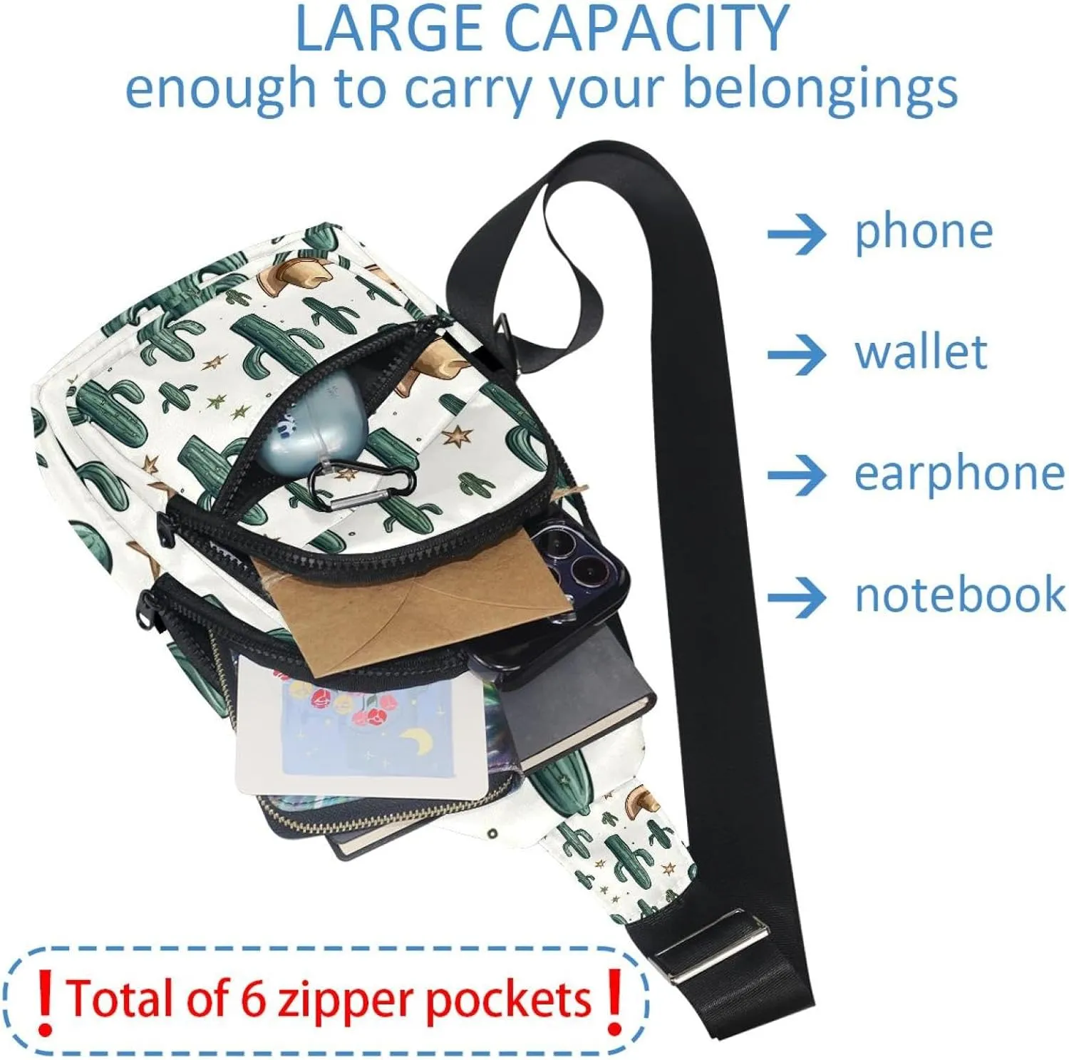 Cowboy Hat Cactuses Western Sling Backpack Crossbody Bag Convertible, Small Diaper Bag Hiking Daypacks