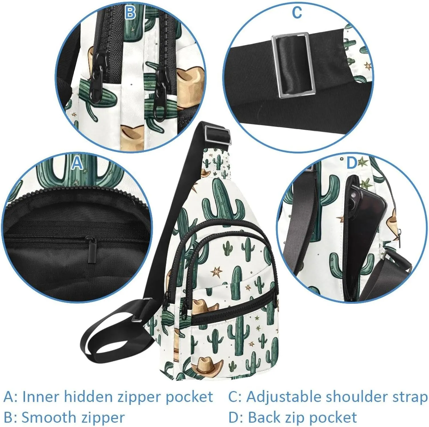 Cowboy Hat Cactuses Western Sling Backpack Crossbody Bag Convertible, Small Diaper Bag Hiking Daypacks