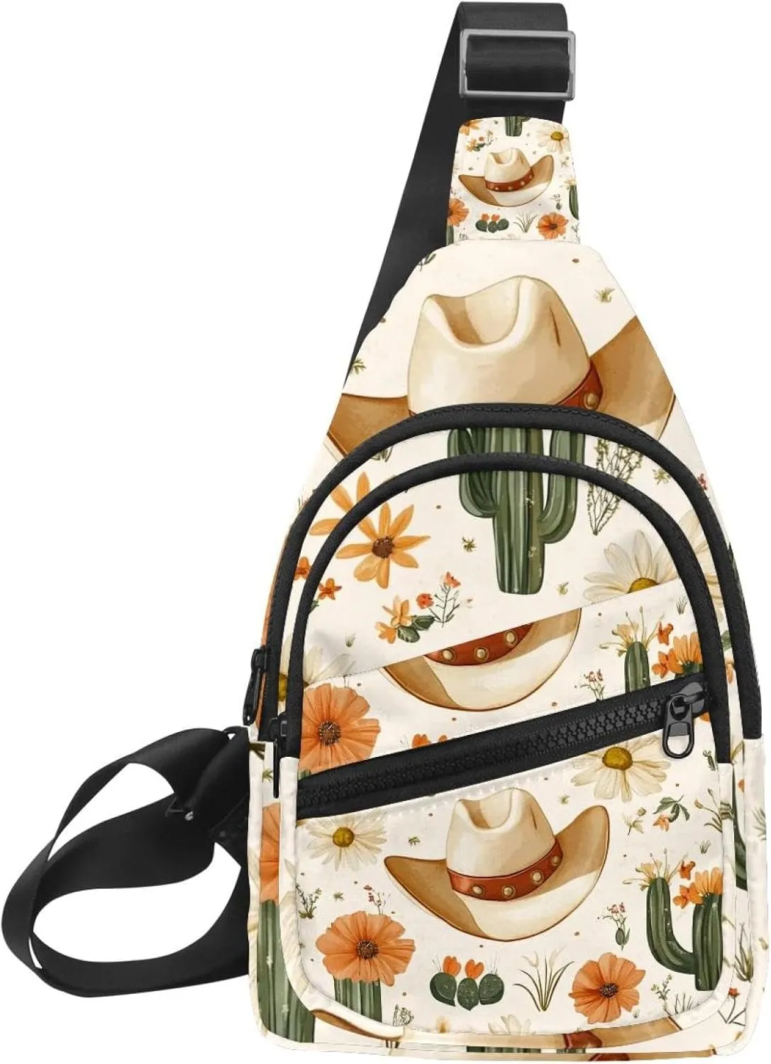 Cowboy Hat Cactuses Western Sling Backpack Crossbody Bag Convertible, Small Diaper Bag Hiking Daypacks