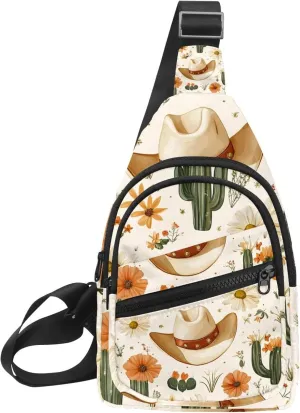 Cowboy Hat Cactuses Western Sling Backpack Crossbody Bag Convertible, Small Diaper Bag Hiking Daypacks