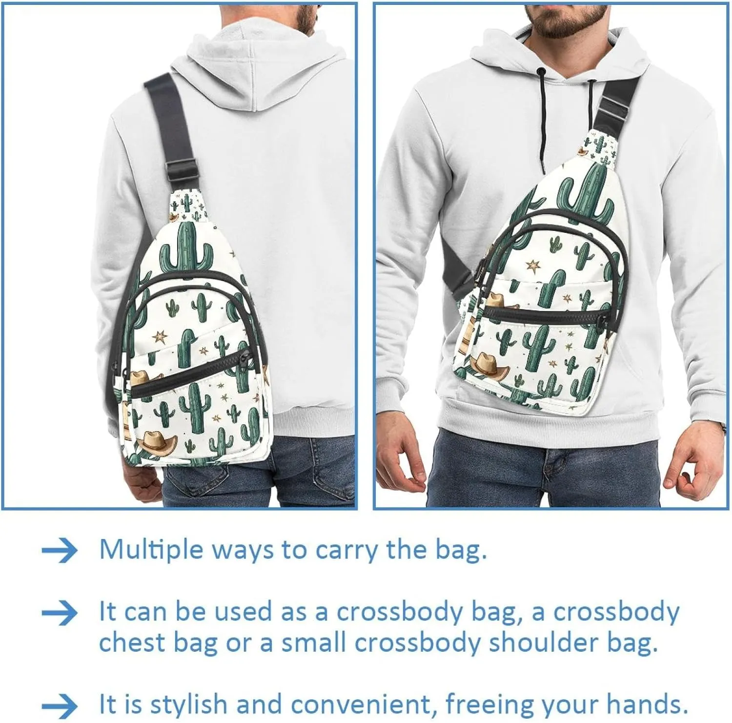 Cowboy Hat Cactuses Western Sling Backpack Crossbody Bag Convertible, Small Diaper Bag Hiking Daypacks