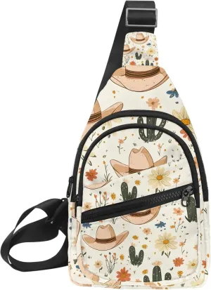 Cowboy Hat Cactuses Western Sling Bag, Crossbody Sling Backpack Travel Hiking Chest Bag Daypack for Purses Shoulder Bag Women Men's