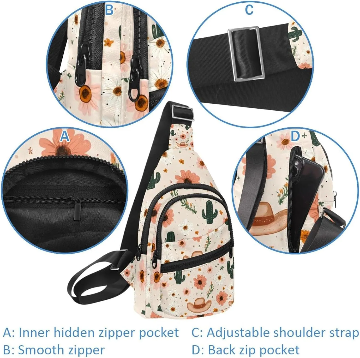 Cowboy Hat Cactuses Western Sling Side, Crossbody Backpack