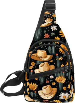 Crossbody Small Sling Bag Backpack for Women Men, Cowboy Hat Cactuses Western Chest Daypack Crossbody Travel Sports Hiking