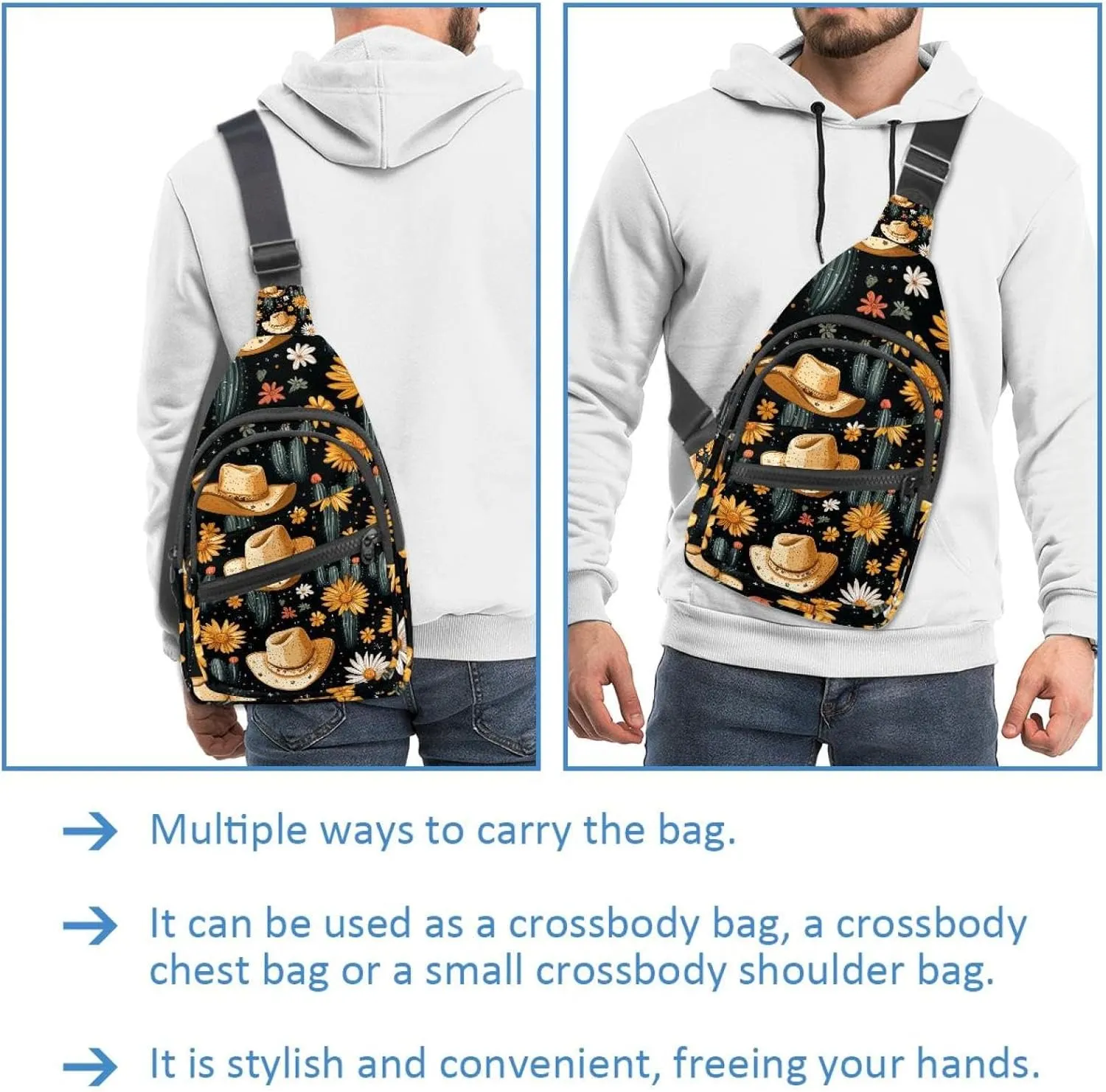 Crossbody Small Sling Bag Backpack for Women Men, Cowboy Hat Cactuses Western Chest Daypack Crossbody Travel Sports Hiking