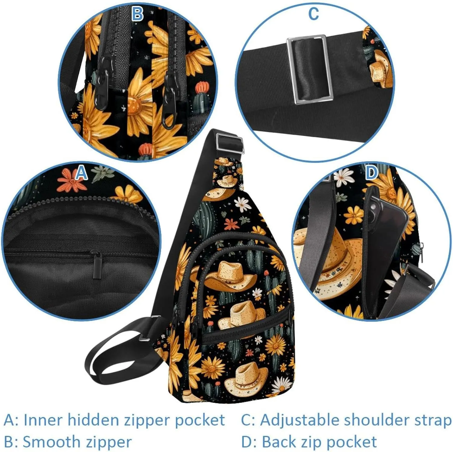 Crossbody Small Sling Bag Backpack for Women Men, Cowboy Hat Cactuses Western Chest Daypack Crossbody Travel Sports Hiking