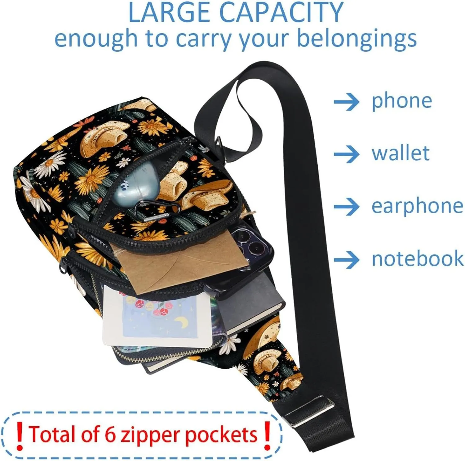 Crossbody Small Sling Bag Backpack for Women Men, Cowboy Hat Cactuses Western Chest Daypack Crossbody Travel Sports Hiking
