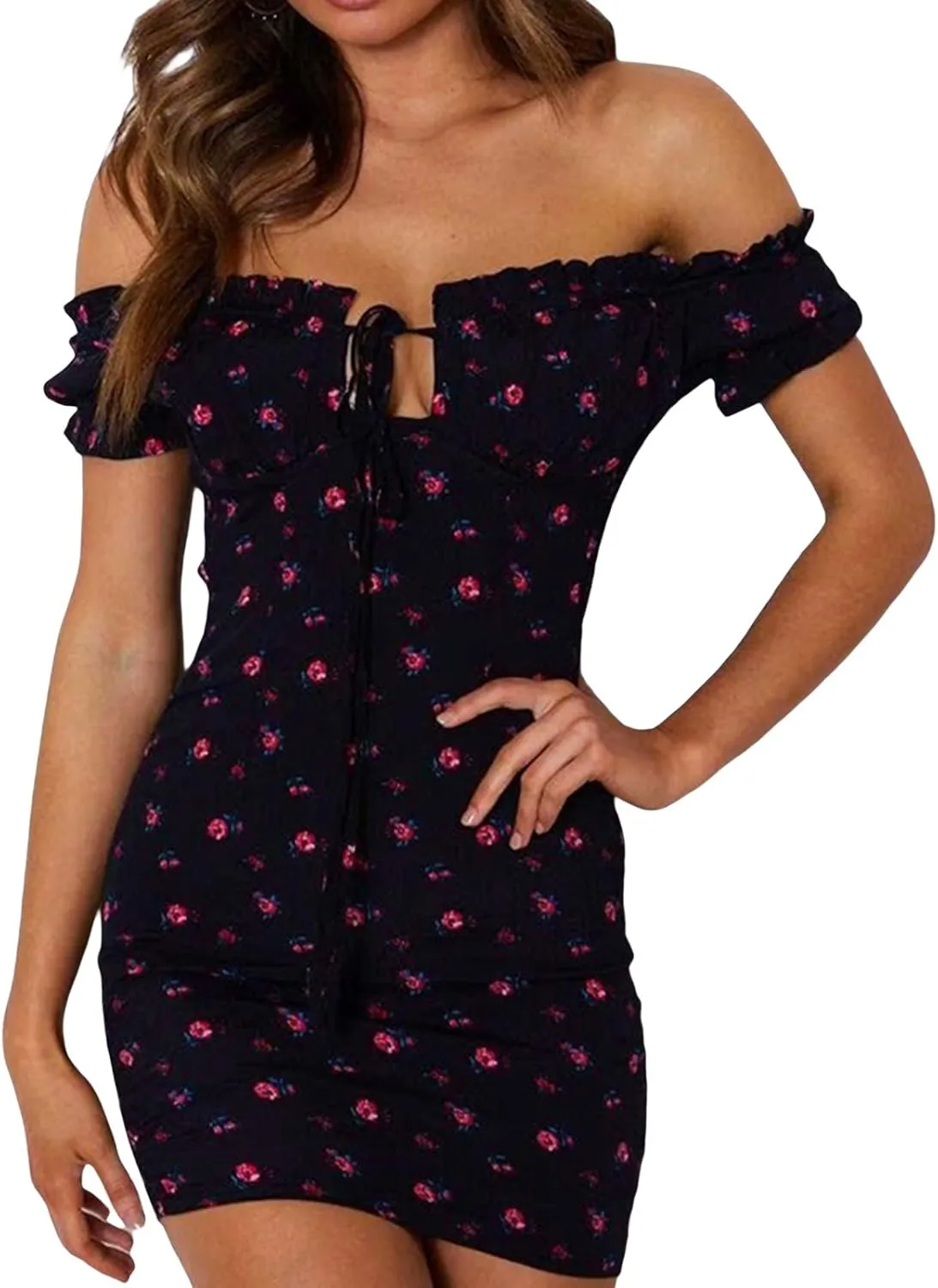 DSORVICD Women Floral Print Off Shoulder Bodycon Dress Ruffle Short Sleeve Tie Front Mini Dress Party Club Wrap Dress
