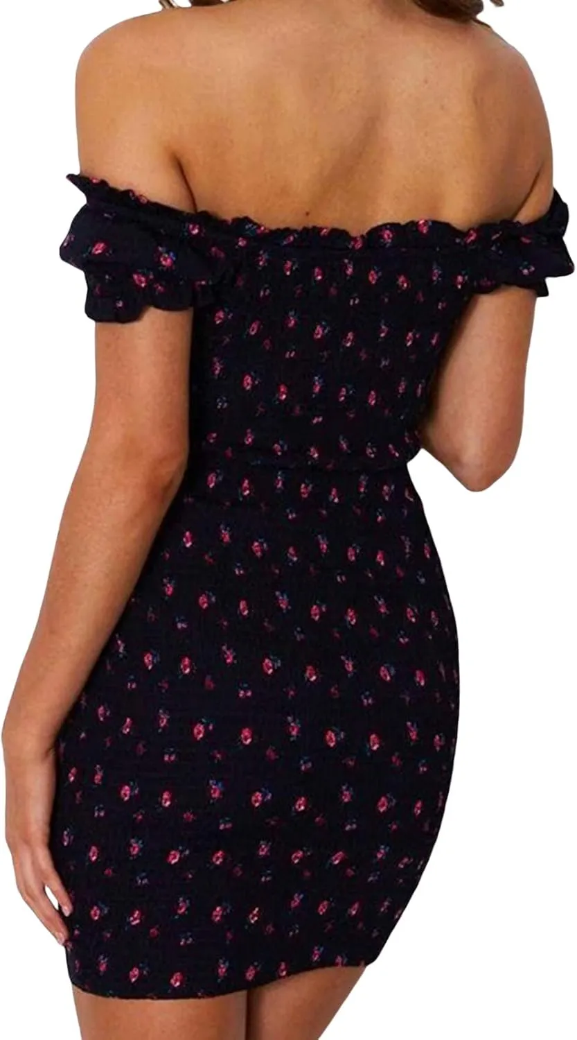 DSORVICD Women Floral Print Off Shoulder Bodycon Dress Ruffle Short Sleeve Tie Front Mini Dress Party Club Wrap Dress