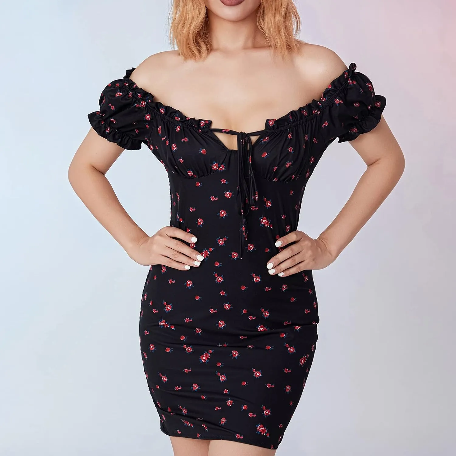 DSORVICD Women Floral Print Off Shoulder Bodycon Dress Ruffle Short Sleeve Tie Front Mini Dress Party Club Wrap Dress