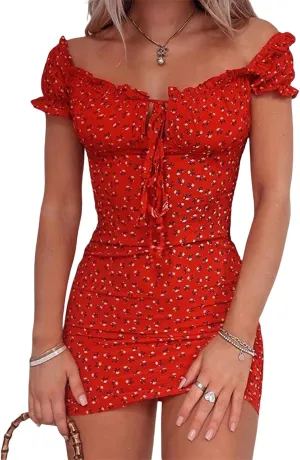 DSORVICD Women Floral Print Off Shoulder Bodycon Dress Ruffle Short Sleeve Tie Front Mini Dress Party Club Wrap Dress